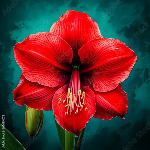 Vibrant red amaryllis bloom on textured teal background