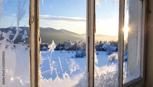 A serene winter landscape viewed through frosty windows