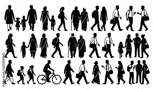 Fotografie Indian people walking silhouette vector set with families crowds and traditional