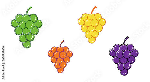 Bilde på lerret Four colorful cartoon grape clusters in green, orange, yellow, and purple with leaves