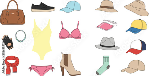 Cuadro en lienzo Fashion accessories and clothing vector set with shoes hats handbag swimsuit bik