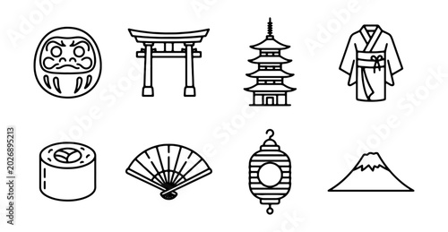 Japanese Cultural Icons Set: Daruma, Torii Gate, Pagoda, Kimono, Sushi, Fan, Lantern, Fuji