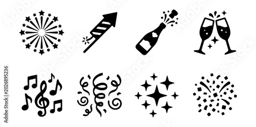 Celebration Icons: Fireworks, Champagne, Music, Confetti Vector Set
