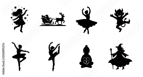 Foto Silhouette Icons: Ballet Dancers, Witch, Devil, Santa Sleigh, Buddha, Girl