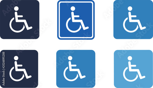 Bild auf Leinwand Handicap accessibility wheelchair sign icon set in shades of blue square symbols