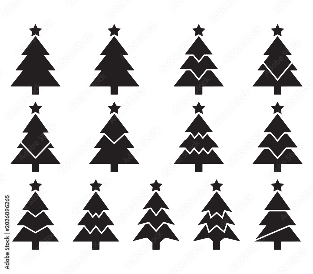 Obraz premium Black Christmas tree icons on white background, Various shapes and designs, Festive holiday symbols