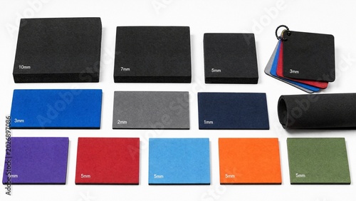 neoprene. Sample blocks of neoprene in different colors and thicknesses arranged on a bench. safety posters, maintenance manuals, designed for precision metalworking and fabrication facilities.