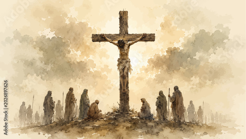 Fotografía A solemn digital watercolor painting of Jesus dying on the cross featuring the crucifixion scene, gathered mourners, and a sacred biblical atmosphere illustrated in a reverent devotional style
