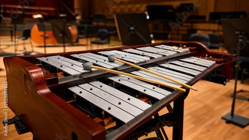 glockenspiel. Professional glockenspiel with metal bars in a concert hall setting. event programs, museum guides, designed for cultural heritage projects and event programs, used by fitness trainers.