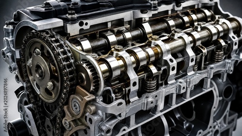 camshaft. Cross-section of an engine showing intricate camshaft components. safety posters, maintenance manuals, designed for industrial assembly lines and welding operations, used by engineers.