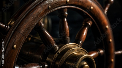 helm. Close-up of a ship's steering wheel with polished wood and brass details. mobility guides, transit brochures, designed for mobility and urban transit guides, improves user orientation.