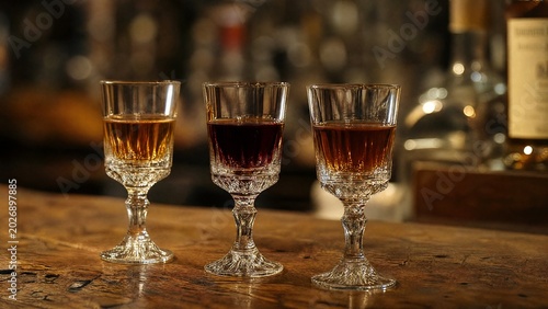 digestif. Small crystal glasses with amber liqueurs on a rustic wooden bar counter. bar promotions, beverage menus, designed for food & beverage menus and cafe branding, elevates brand perception.