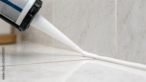 caulk. White caulk being extruded into bathroom tile gaps. safety posters, maintenance manuals, designed for precision metalworking and fabrication facilities, used by manufacturing supervisors.