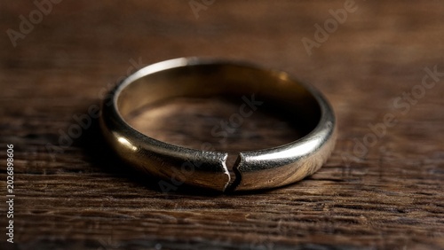 toroidal. A broken wedding ring lies on wood with a visible crack and side lighting. wellbeing guides, coaching materials, designed for coaching and self-improvement content, used by videographers.