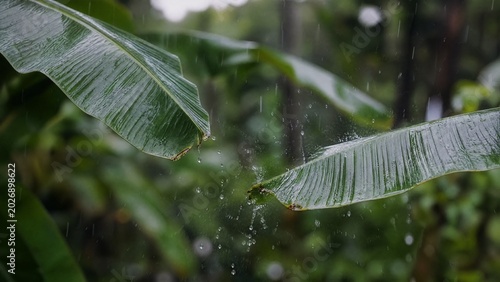 rhythmically. Raindrops falling on banana leaves creating natural percussion, green foliage background. ESG reports, sustainability campaigns, designed for environmental awareness campaigns.