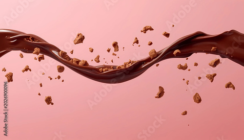 Chocolate flows with cookie crumbs on pink background