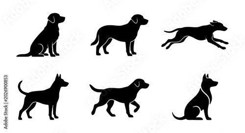 фотографія Black Dog Silhouettes, Canine Poses Vector Set: Sitting, Standing, Running, Walk