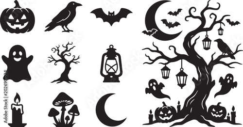 Halloween icons and symbols in black silhouette style