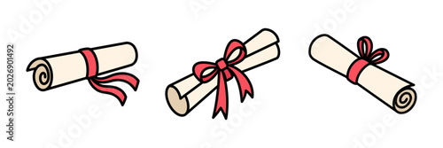 Foto A folded graduate diploma with a red ribbon tied in a bow set