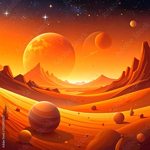 Vibrant orange-hued alien landscape with planets and stars
