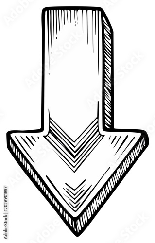 Hand drawn down arrow symbol graphic in sketch style with shading