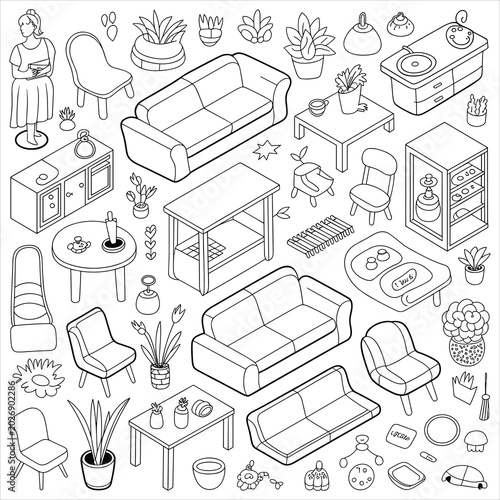 Isometric furniture and home decor line collection, black and white