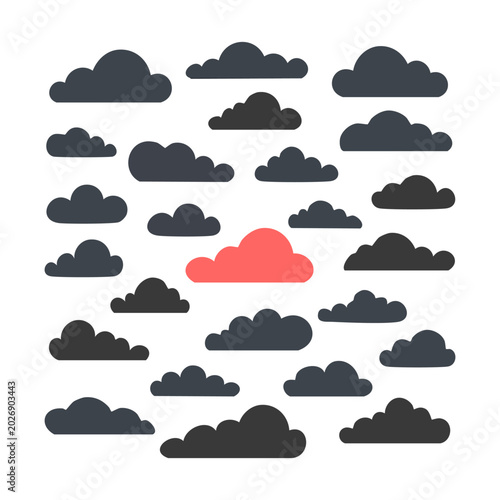 Vibrant red cloud boldly stands out from a multitude of dark grey clouds, powerfully symbolizing individuality, uniqueness, and embracing differences in a world of conformity