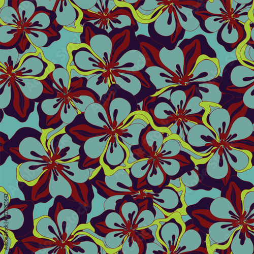 Vintage botanical seamless pattern with stylized blooming flowers. Repeating background for textile, fabric print, fashion apparel, and wallpaper.