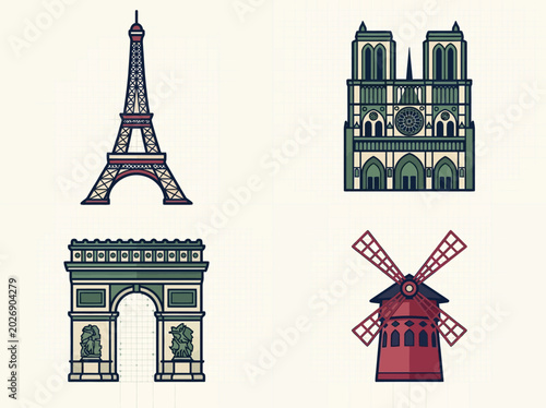Konstfotografi Stylized Vector Illustration of Iconic Paris Landmarks: Eiffel Tower, Notre Dame