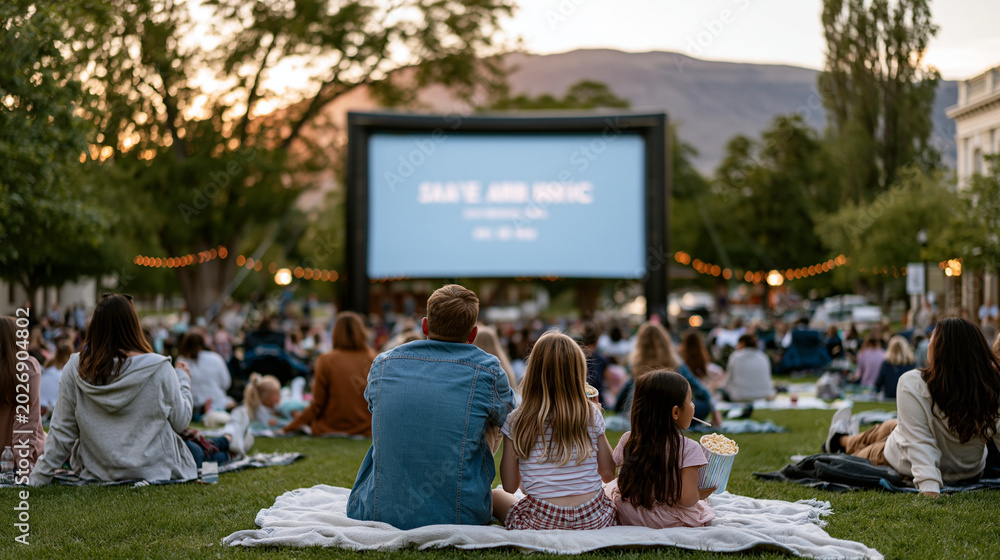 Fototapeta premium Twilight outdoor cinema event with families on blankets facing inflatable screen in municipal park, warm dusk sky behind, children eating popcorn, adults reclined, summer evening community gathering