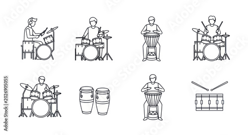 Photos Drummer playing drums, percussion instruments, line art collection