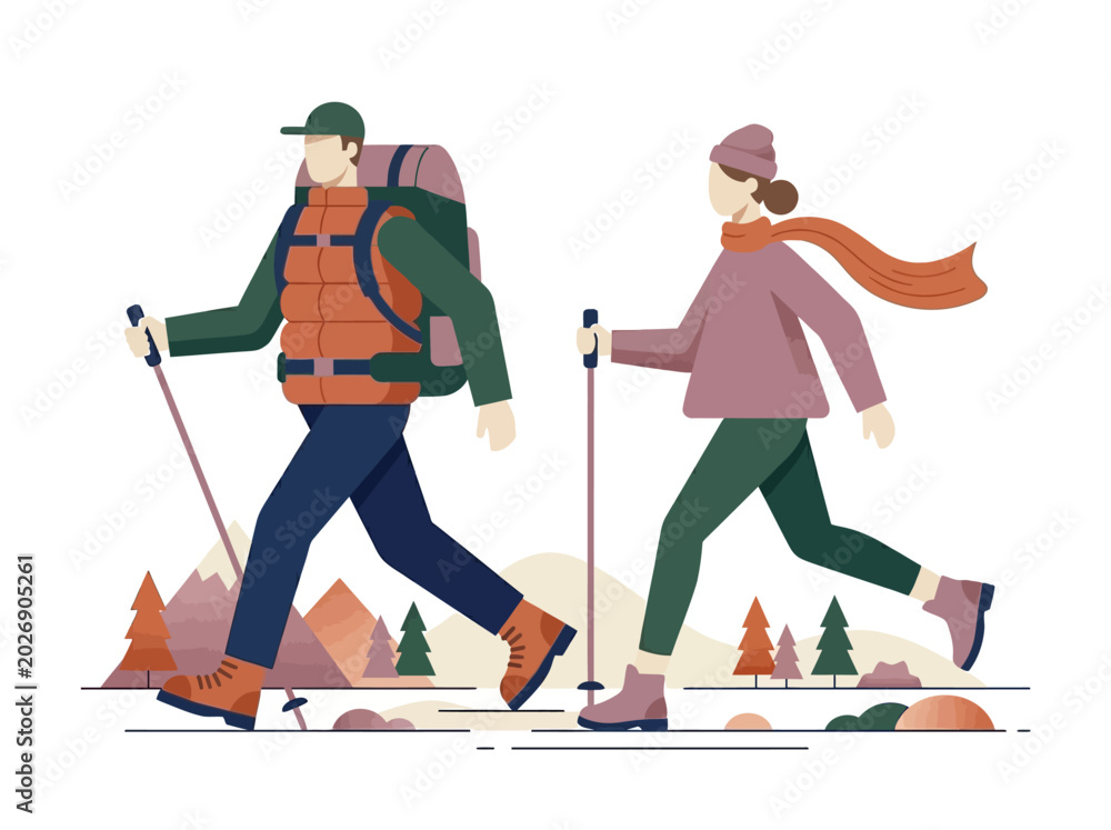 Fototapeta premium Hiking Couple Illustration - Man and Woman Trekking in Mountains with Hiking Poles and Backpack, Flat Design Vector Concept