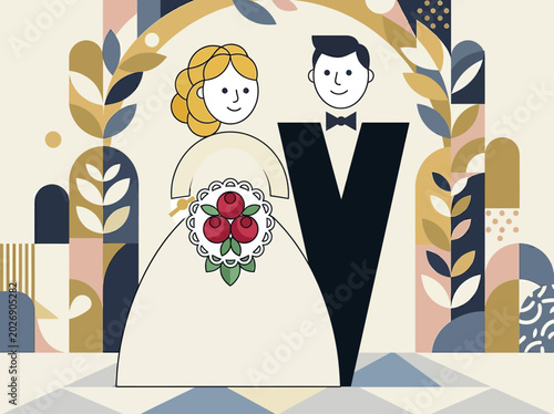 Foto Minimalist Geometric Illustration of a Wedding Couple, Bride and Groom in Modern