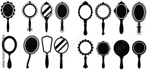 Schilderij op canvas Vintage Hand Mirror silhouette collection Featuring Ornate Decorative Frames in Various Styles, vector illustration for fashion, salon and luxury themes