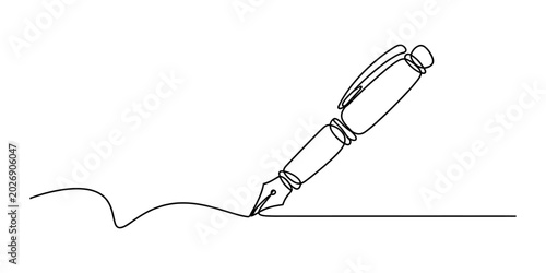 Photos Continuous single line drawing of a fountain pen writing on paper showing creati