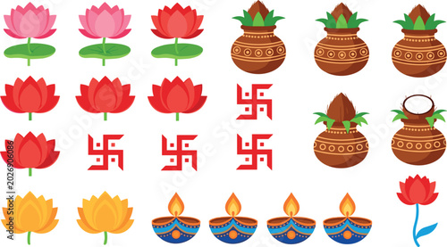 Tableau sur toile Indian Hindu Festival Icon Set with Lotus Flowers, Swastika Symbol, Kalash Pot,