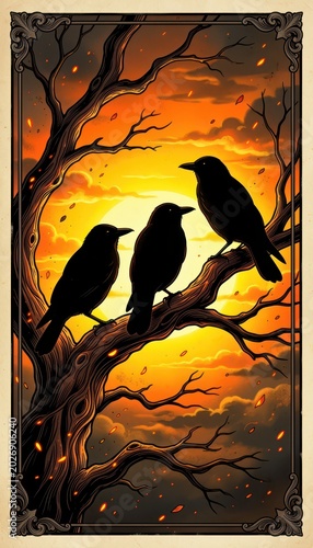 Three Crows Perched on Bare Tree Branch at Sunset