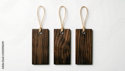 Three Wooden Tags with Twine Hanging Against White Background