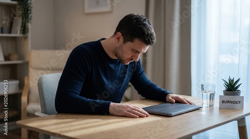Man closing laptop at desk with glass of water and burnout box nearby in home office