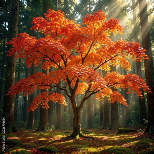 Vibrant Maple Tree Glowing in Autumn Forest Sunlight