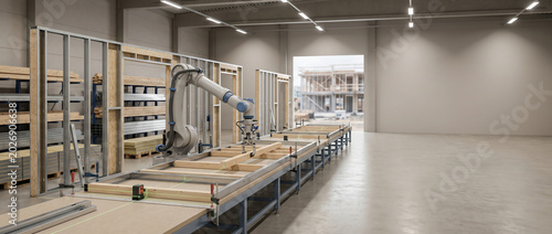 Robotic arm assembling prefabricated building modules in a factory