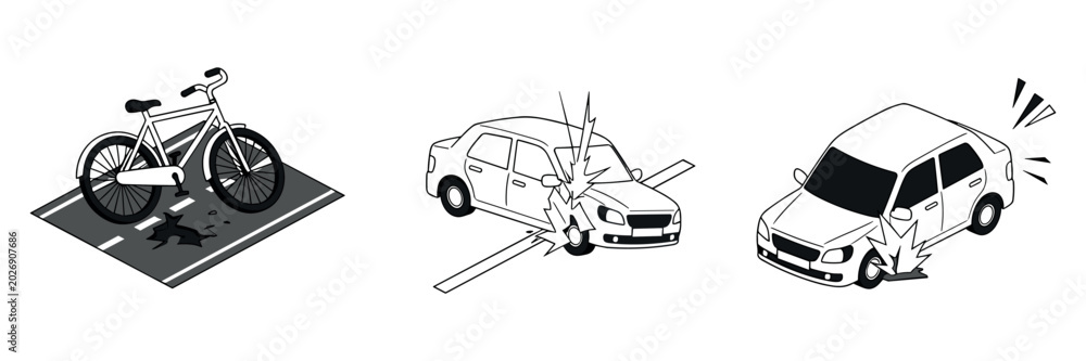 Fototapeta premium Bicycle parked and crashed cars illustrating vehicle damage