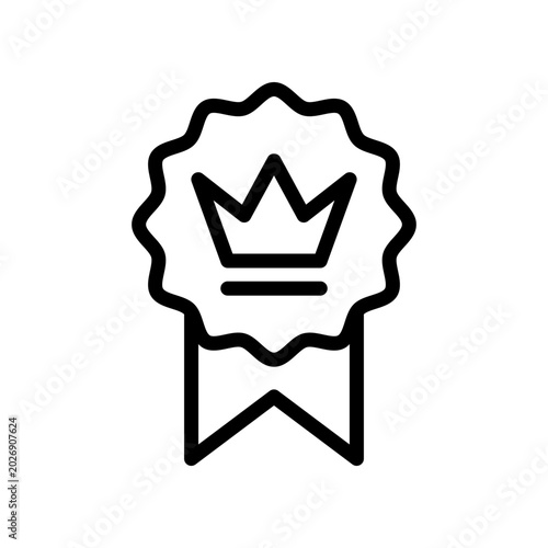 Crown badge vector icon illustration. Minimalist black line art of a royal crown inside a jagged starburst seal symbol, representing excellence, luxury, and top-tier status.