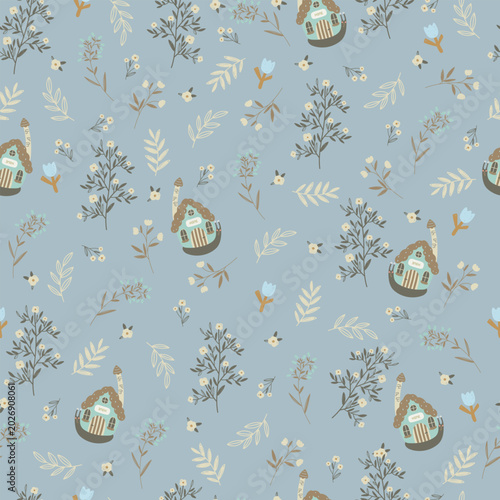 Cute snails and many different flowers on blue background, seamless pattern. Vector illustration with hand drawn animals.