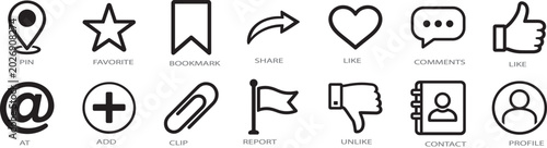 Social media interface line icon set for like, comment, share, message and save actions.
