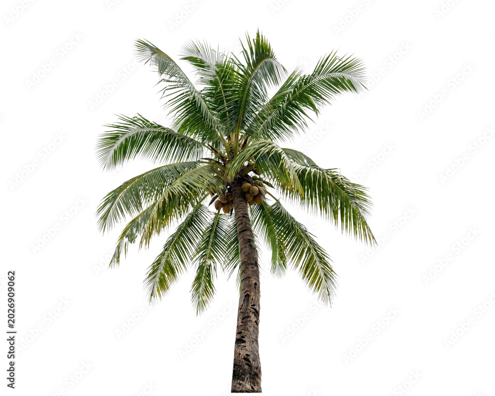 Fototapeta premium Tall coconut palm tree with green fronds and brown coconuts captured in a detailed photograph isolated on transparent background