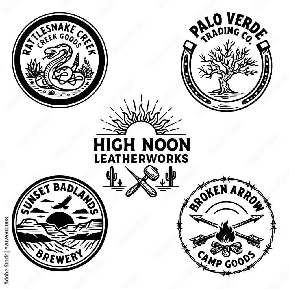 Fototapeta premium Western Desert Adventure Logo Collection with Snake, Campfire, Brewery and Trading Company Badges