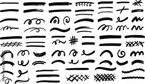 hand drawn ink paint stroke collection scribble brush line underline swirl cross hatch doodle marker accent underscore streak smudge curve set