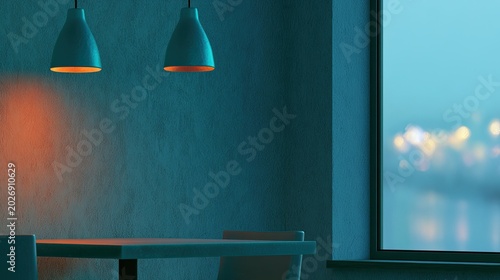 Interior scene with table, chairs, and glowing pendant lights near a window