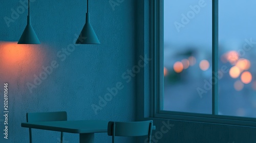 Ambient interior scene with minimalist table, chairs, and window overlooking bokeh city lights